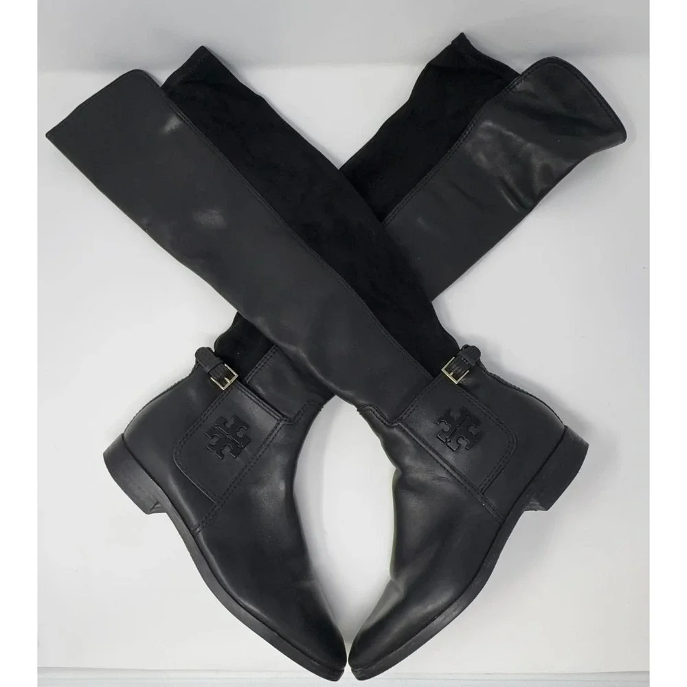 Tory Burch Willa Riding Boots Women's‎ Size 7 Over The Knee Black Leather Suede